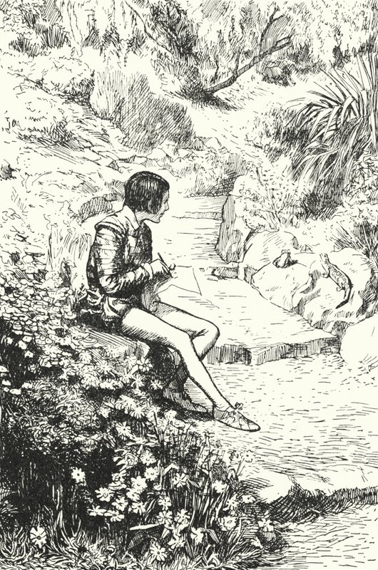 Francouzský hrnčíř Bernard Palissy jako chlapec pozoroval na zahradě ještěrky od Alfred Wallis Mills