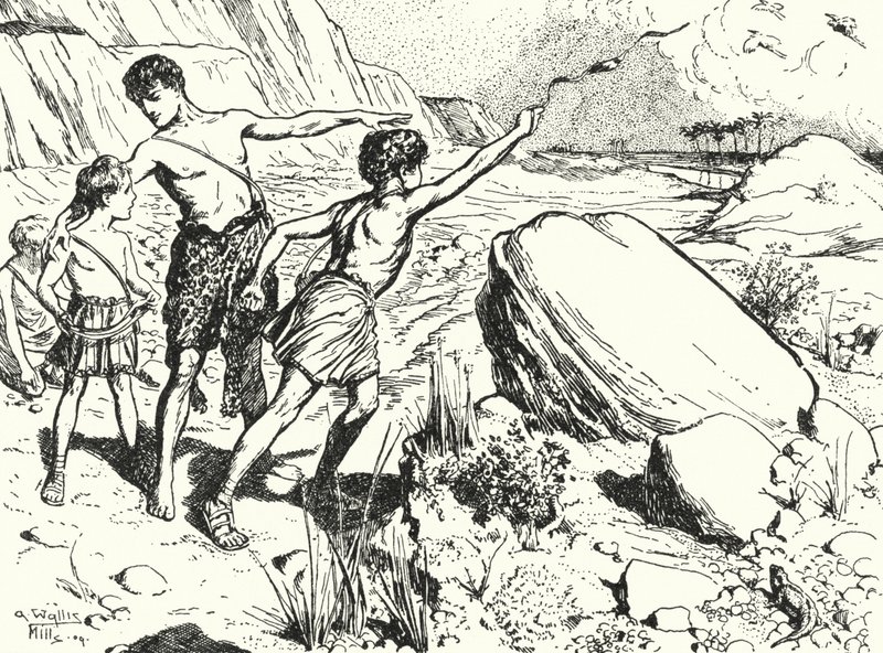 Hannibal a jeho bratři se učí házet kameny prakem od Alfred Wallis Mills