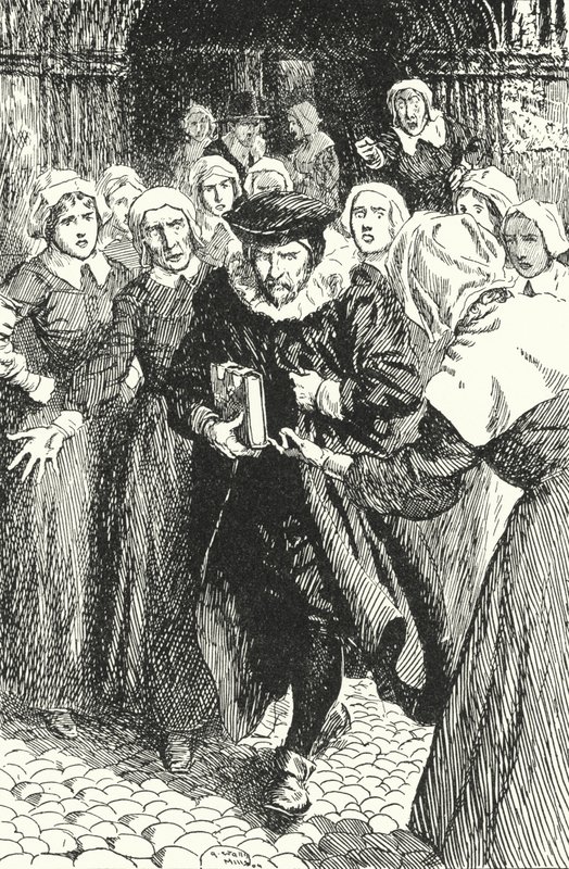 Skotský kněz William Annand odsouzený ženami z Edinburghu za kázání z nové modlitební knihy v katedrále St Giles, 1637 od Alfred Wallis Mills