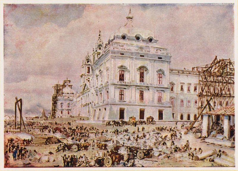 Stavba paláce a kláštera v Mafře, Portugalsko (barevná litografie) od Alfredo Roque Gameiro