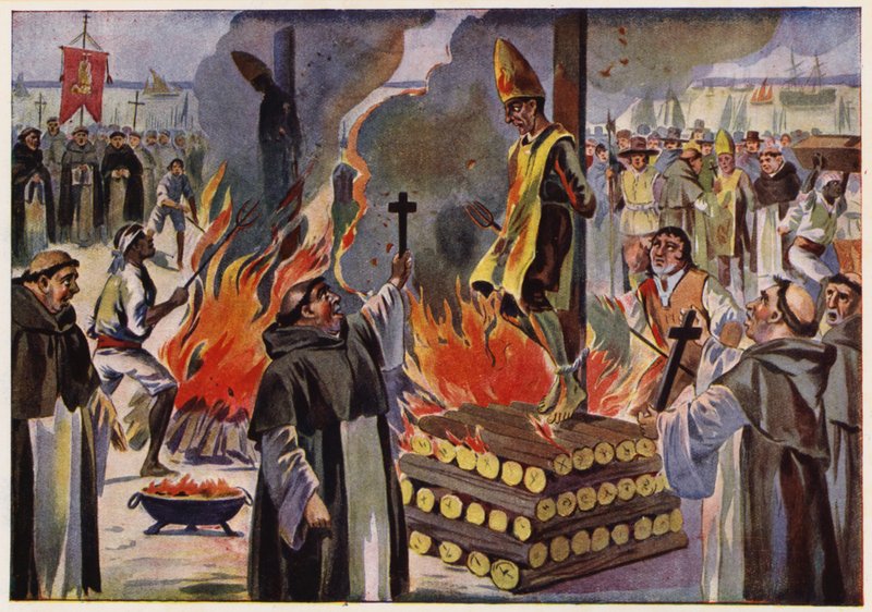 Poprava upálením za portugalské inkvizice (barevná litografie) od Alfredo Roque Gameiro