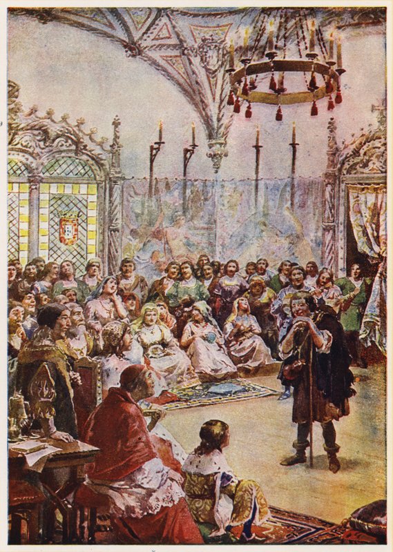 Gil Vicente na dvoře portugalského krále Manuela I. (barevná litografie) od Alfredo Roque Gameiro