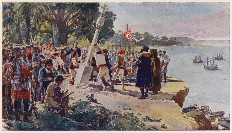 Portugalci vztyčují kamenný sloup v ústí řeky Kongo od Alfredo Roque Gameiro