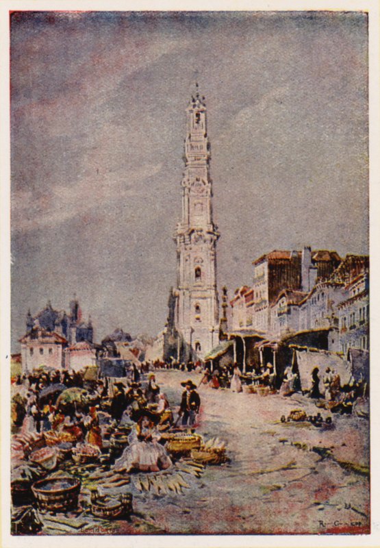 Věž Clerigos, Porto, Portugalsko (barevná litografie) od Alfredo Roque Gameiro