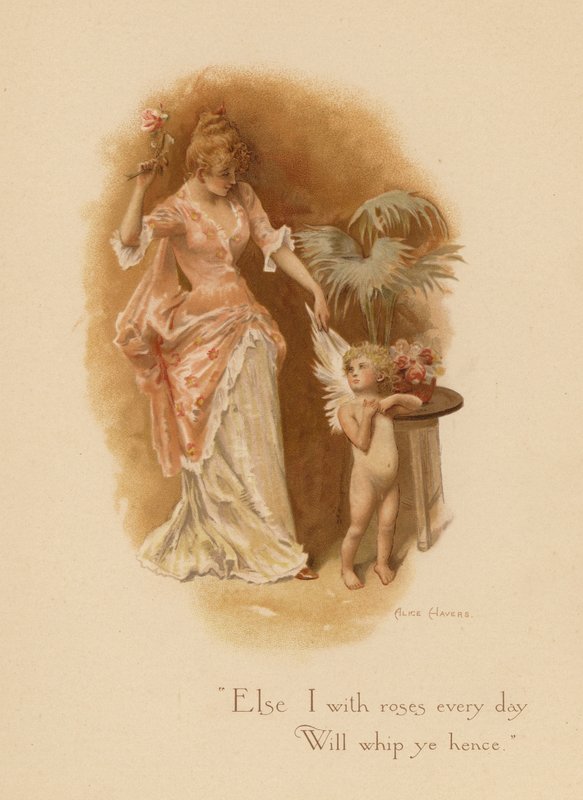 Staré milostné písně: "Jinak vás každý den růžemi / budu bičovat." (barevná litografie) od Alice Havers