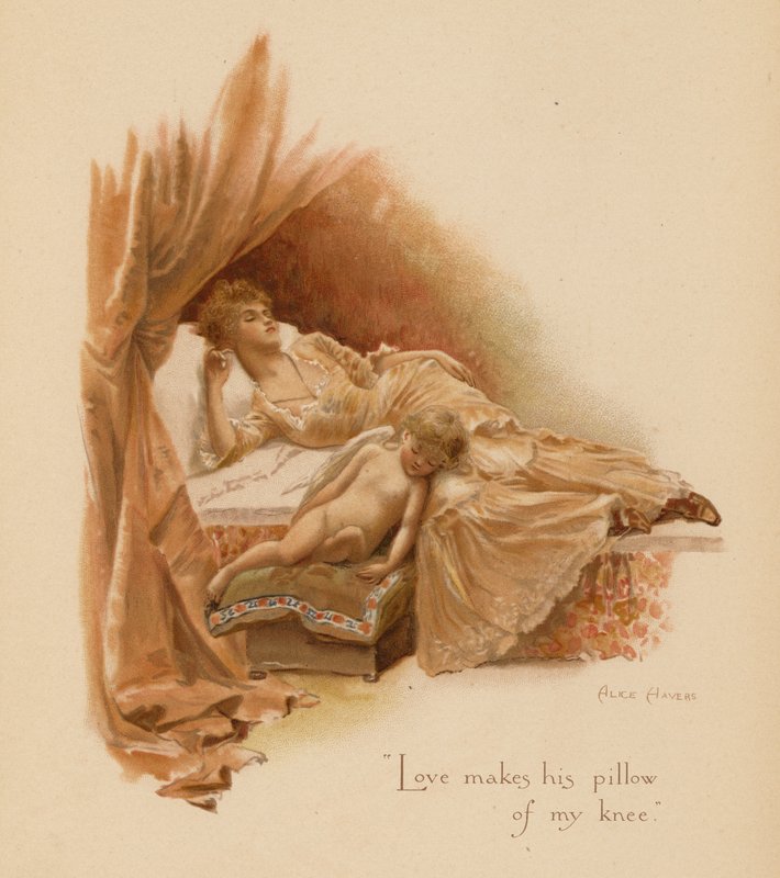 Staré milostné písně: "Láska si dělá polštář z mého kolena." (barevná litografie) od Alice Havers