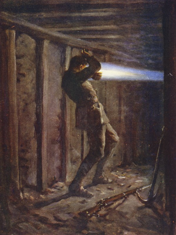 Jazyk modrého plamene vystřelující z nepřátelské strany důlní štoly a těžce hořící vojína T Bytheway, 20. října 1915 (barva litho) od Allan (after) Stewart