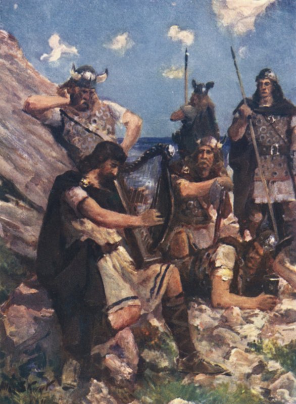 Král Alfréd, oblečený jako starý bard, přišel do Tábora divokých Dánů (barva litho) od Allan (after) Stewart