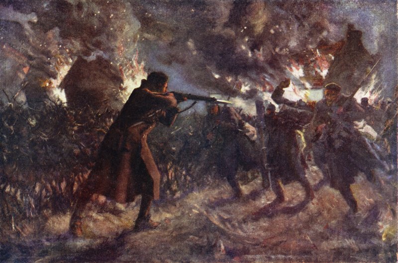Vojín James Meston útočící jednou rukou na několik nepřátel, kteří postupovali po dobytí britského zákopu, První bitva u Ypres, 31. října 1914 (barva litho) od Allan (after) Stewart