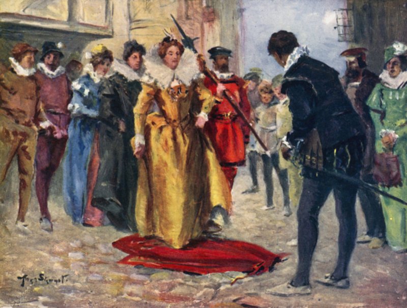 Raleigh si svlékl svůj gay plášť a položil ho přes Miry Patch (barva litho) od Allan (after) Stewart