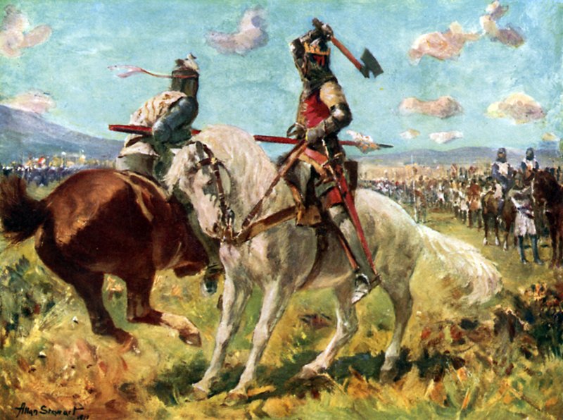 Boj mezi králem Robertem Brucem a sirem Henrym de Bohunem v Bannockburn (barevné lito) od Allan (after) Stewart