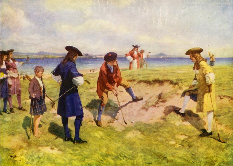 První mezinárodní čtyřka, golfisté v 17. století (barevné lito) od Allan (after) Stewart