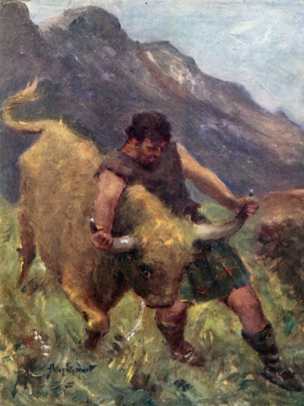 Když s ním zápasil, jeden z jeho rohů se utrhl v jeho rukou (barva litho) od Allan (after) Stewart