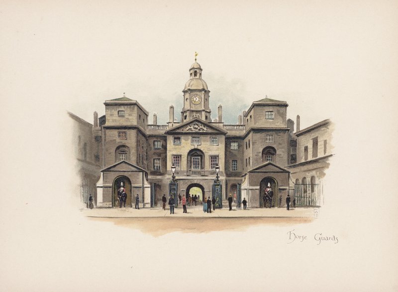 Známý Londýn: Horse Guards (barevná litografie) od Allan F. Barraud