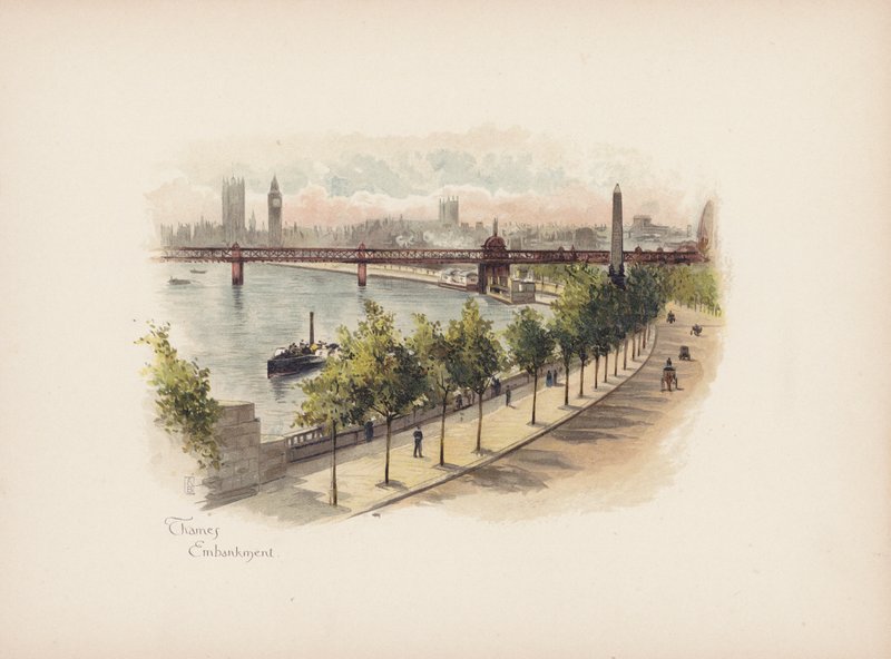 Známý Londýn: Thames Embankment (barevná litografie) od Allan F. Barraud