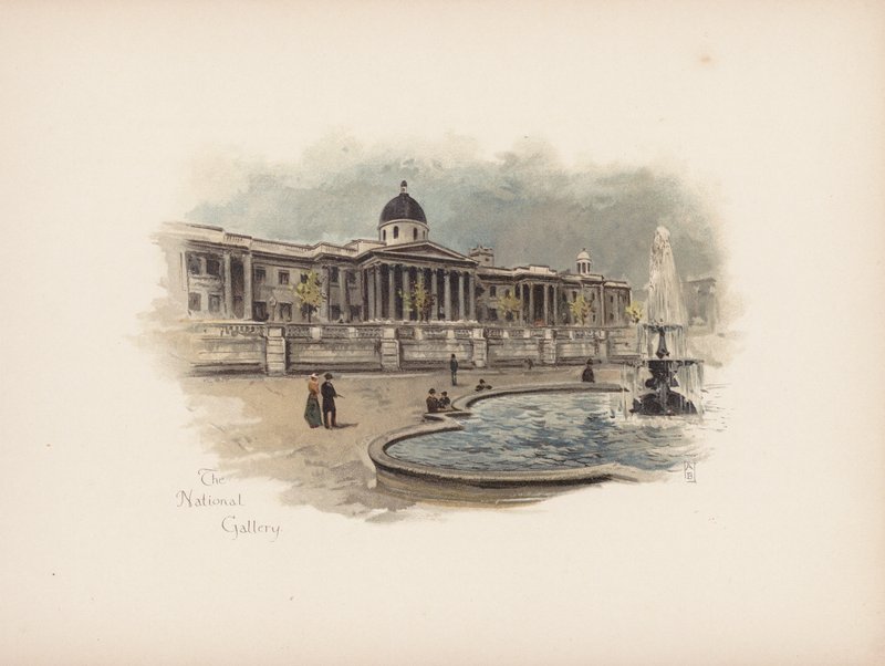 Známý Londýn: Národní galerie (barevná litografie) od Allan F. Barraud