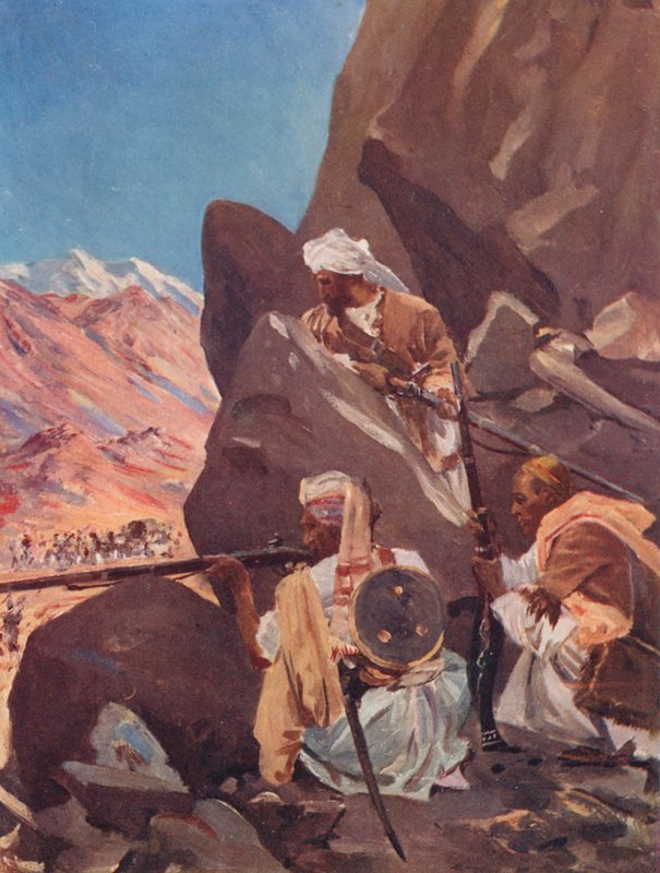 Odstřelování britských jednotek horskými kmeny na severozápadní hranici (barevná litografie) od Allan Stewart