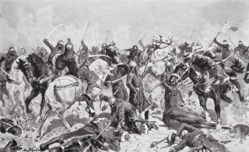 Poslední boj Rádžpútů proti mohamedánům v roce 1192 n. l. (litografie) od Allan Stewart