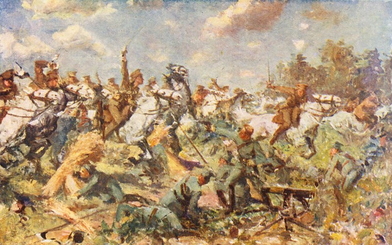 WW1: The Charge of the Scots Greys, srpen 1914 (barevná litografie) od Allan Stewart