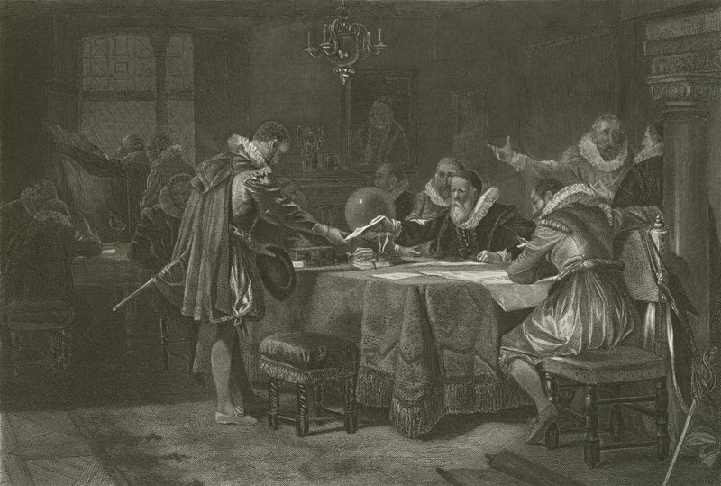 Henry Hudson při přebírání pověření od Nizozemské východoindické společnosti, 1609 od Alonzo Chappel