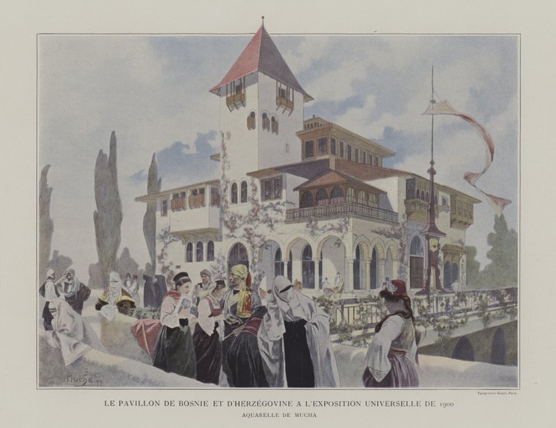 Pavilon Bosny a Hercegoviny na výstavě Universelle 1900, Paříž (barevné lito) od Alphonse Marie (after) Mucha