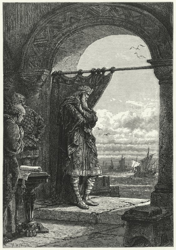 Karel Veliký úzkostlivě sleduje přibližování lodí s normanskými nájezdníky (rytina) od Alphonse Marie de (after) Neuville