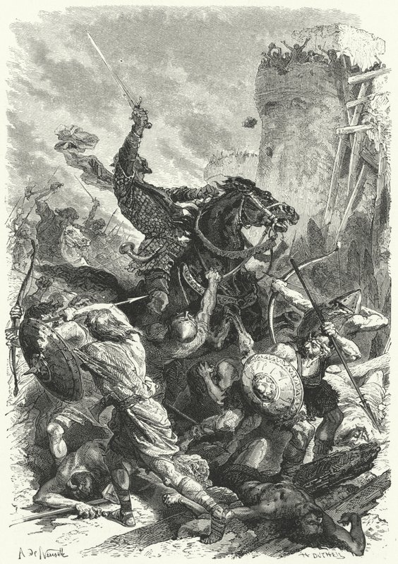Hrabě Odo bránící Paříž proti Normanům, 886 (rytina) od Alphonse Marie de (after) Neuville