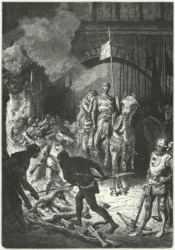 El Cid, doprovázený svou manželkou Donou Jimenou, dohlíží na stavbu pohřební hranice Ahmeda, maurského krále Valencie. od Alphonse Marie de (after) Neuville