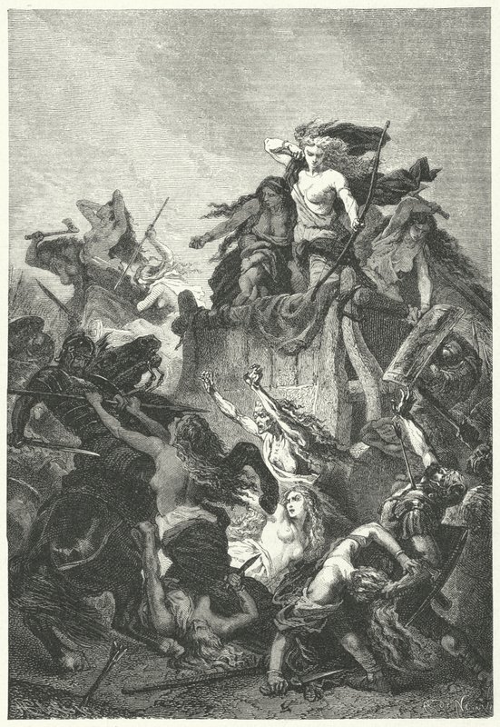 Germánské ženy bránící svůj tábor až do smrti (rytina) od Alphonse Marie de (after) Neuville