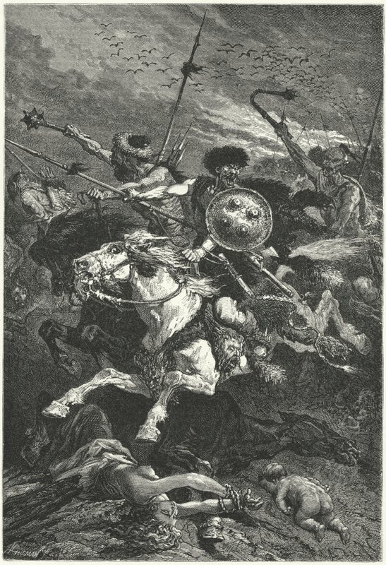 Hunové útočící v bitvě u Chalons, 451 (rytina) od Alphonse Marie de (after) Neuville