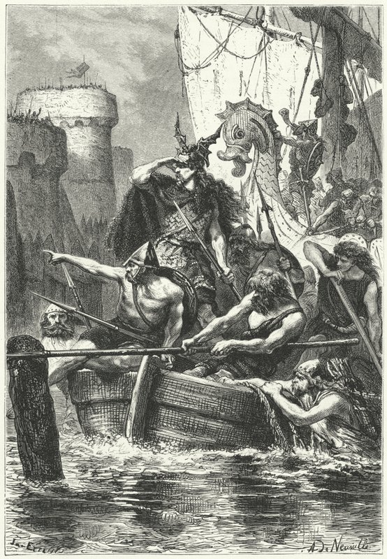 Normanská flotila útočící na Paříž, 885 (rytina) od Alphonse Marie de (after) Neuville