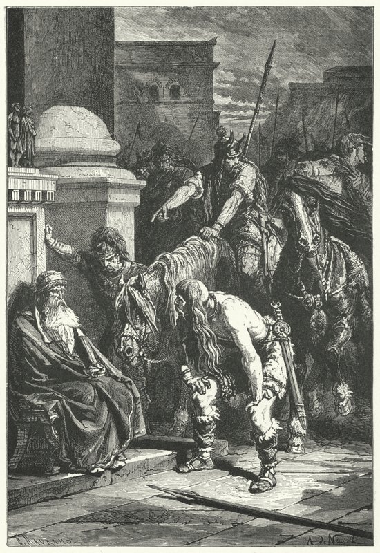 Smrt římského konzula Marca Papiria v galském plenění Říma, 387 př.nl (rytina) od Alphonse Marie de (after) Neuville