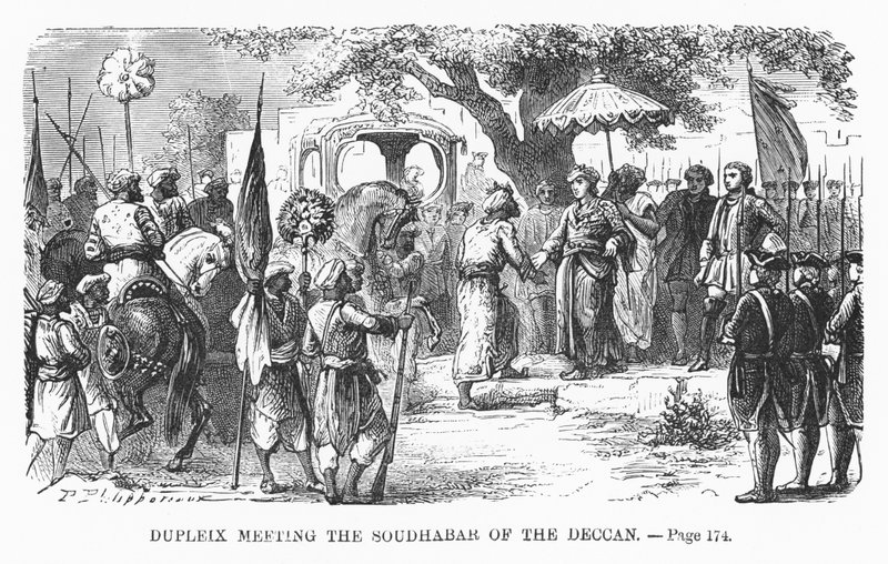 Dupleix setkání se Soudhabar of Deccan, ilustrace z „Populární historie Francie“ od M. Guizota, kolem roku 1885 od Alphonse Marie de Neuville