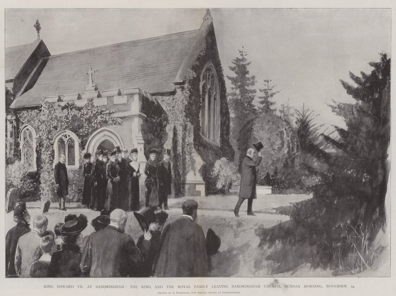 Král Edward VII v Sandringhamu, král a královská rodina opouštějí Sandringham Church, neděle ráno, 24. listopadu od Amedee Forestier