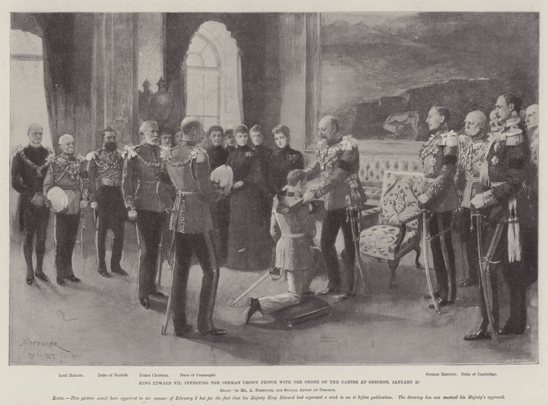 Král Edward VII uděluje německému korunnímu princi Řád podvazku Osborneovi, 28. ledna od Amedee Forestier
