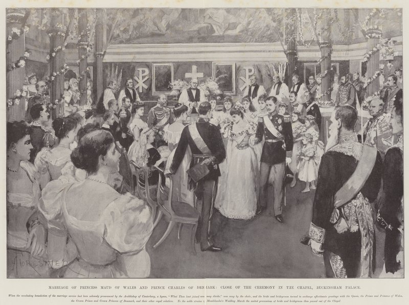 Sňatek princezny Maud z Walesu a prince Charlese Dánského, závěr obřadu v kapli Buckinghamského paláce od Amedee Forestier