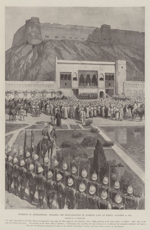 Roberts v Afghánistánu, čtení vyhlášení stanného práva v Kábulu, 12. října 1879 od Amedee Forestier