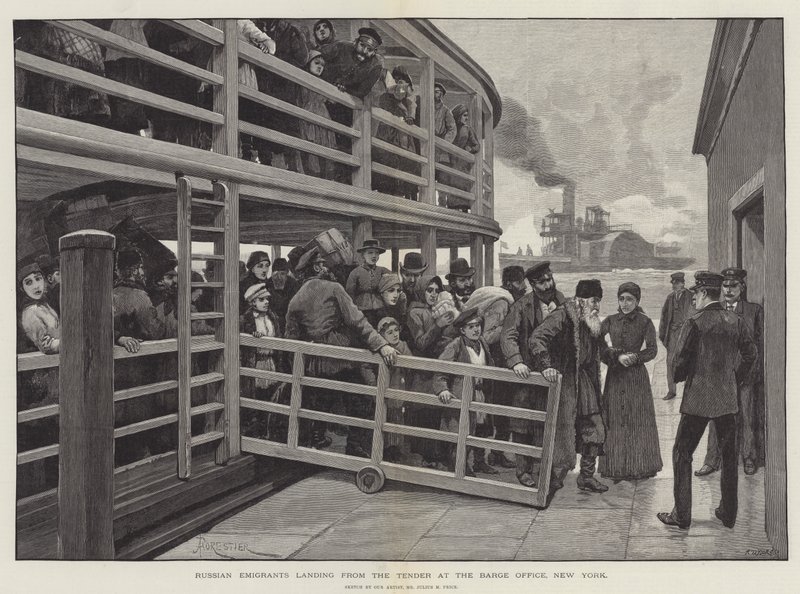 Ruští emigranti vyloďující se z člunu u Barge Office v New Yorku od Amedee Forestier