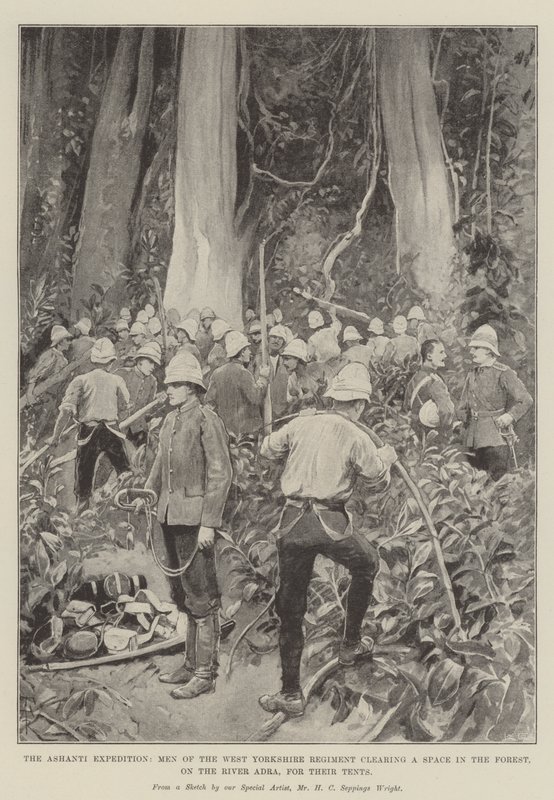 Ashanti Expedition, Muži z West Yorkshire Regiment čistící prostor v lese, na řece Adra, pro jejich stany od Amedee Forestier