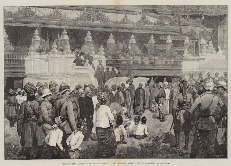 Buddhistický arcibiskup z Barmy přijímá sira Fredericka Robertse v klášteře v Mandalay od Amedee Forestier