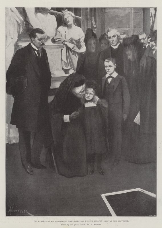 Pohřeb pana Gladstonea, paní Gladstoneová líbá Dorothy Drew na hřbitově od Amedee Forestier