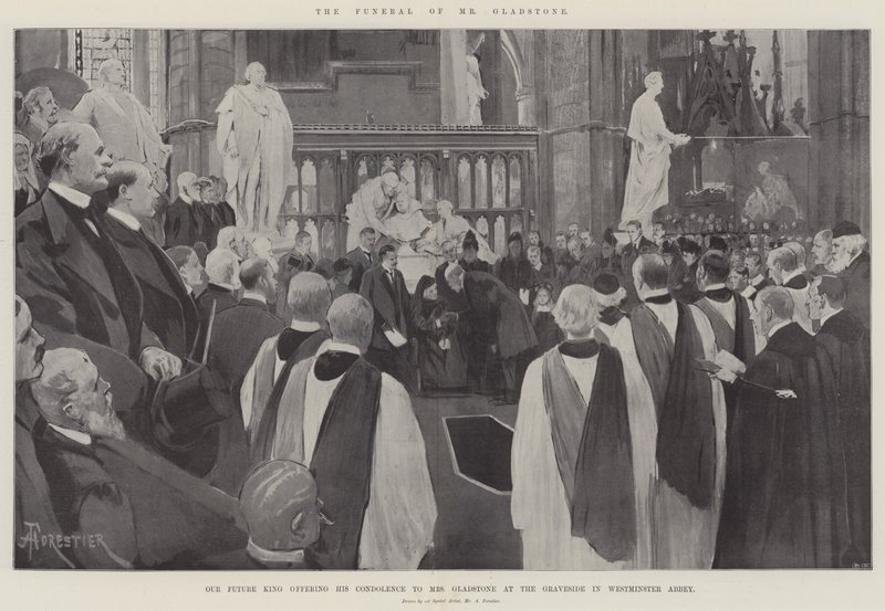 Pohřeb pana Gladstonea, našeho budoucího krále, který vyjadřuje svou soustrast paní Gladstoneové v Graveside ve Westminsterském opatství od Amedee Forestier
