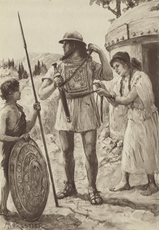 Italský farmář z doby bronzové vyzbrojující se k bitvě (litho) od Amedee (after) Forestier