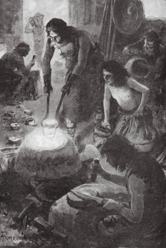 Iberové odlévající bronz v Británii (litografie) od Amedee (after) Forestier
