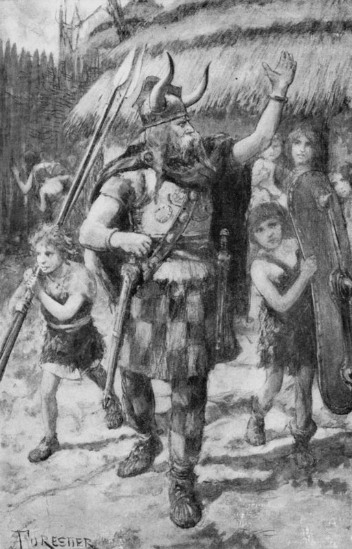 Keltští obyvatelé vesnice v Británii se vydali zahnat útočící Germány (litho) od Amedee (after) Forestier