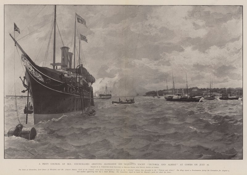 Tajná rada na moři, radní přijíždějící po boku jachty Jeho Veličenstva Victoria a Albert do Cowes dne 26. července od Amedee Forestier