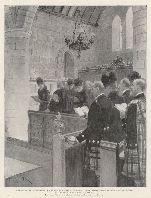 Král Eduard VII. na Balmoralu, Jeho Veličenstvo a královna Alexandra na bohoslužbě ve farním kostele v Crathie v neděli 6. října ráno. od Amedee Forestier