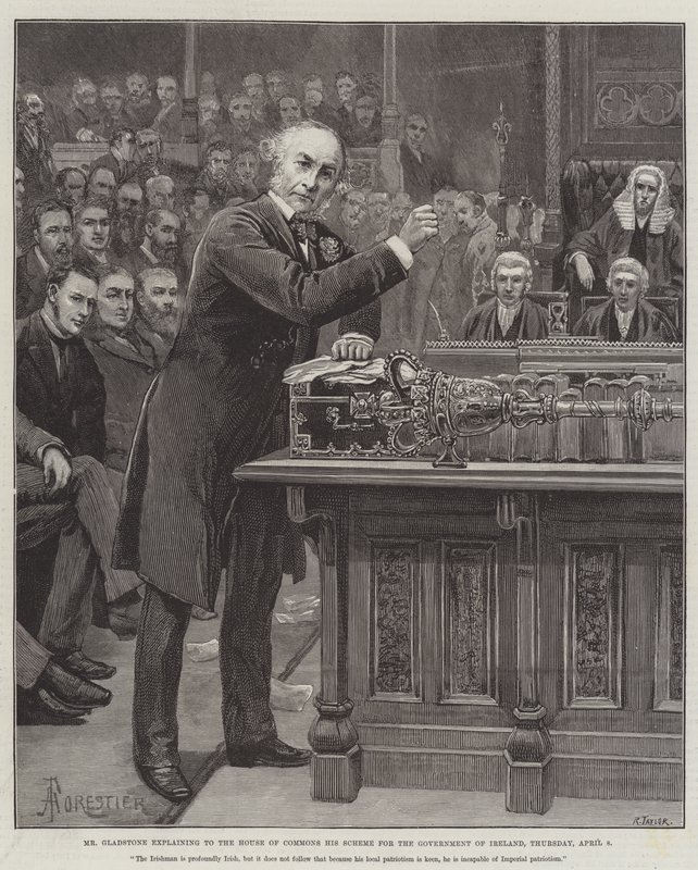 Pan Gladstone vysvětluje Dolní sněmovně svůj plán vlády v Irsku, čtvrtek 8. dubna. od Amedee Forestier