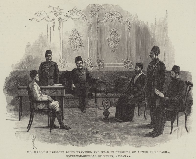Pas pana Harrise je zkoumán a čten za přítomnosti Ahmeda Feiziho Paši, generálního guvernéra Jemenu, v Sanaa od Amedee Forestier