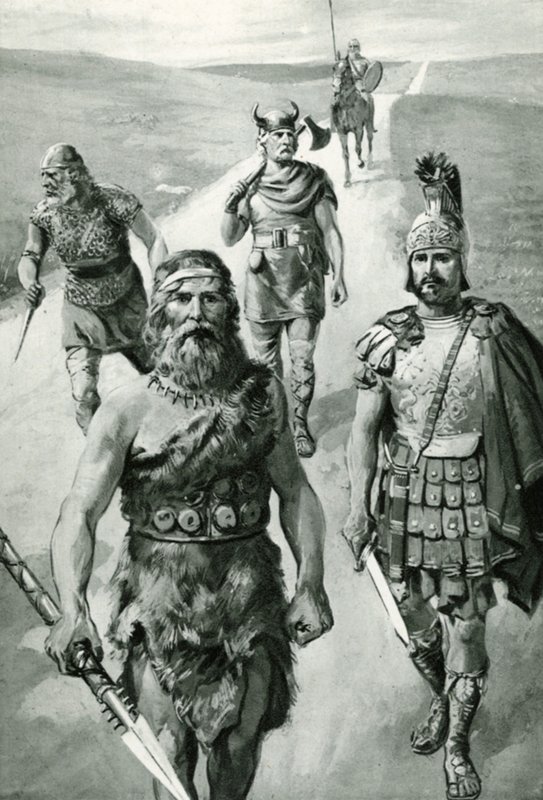 Roads of England: Starověký britský náčelník, římský voják, saský, Dán a Norman od Amedee Forestier